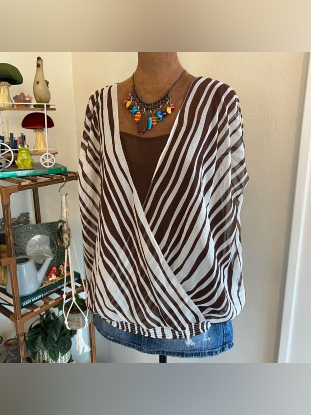 Y2K Earthy Brown Zebra Striped Sheer Top & Tank Set w Crossover Front by Cato